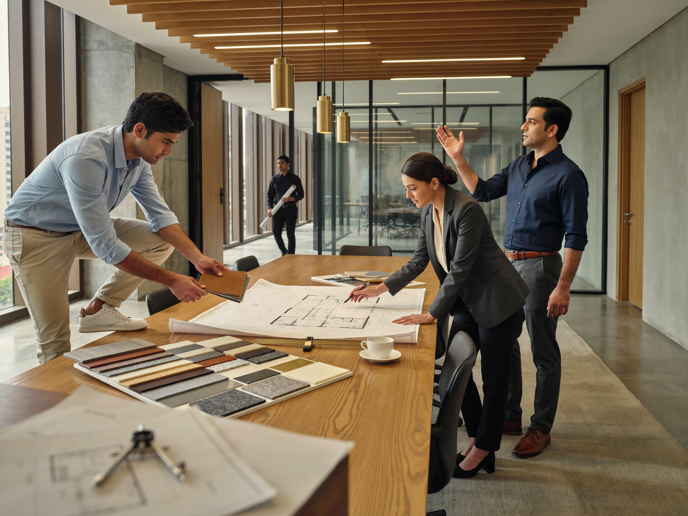 Professionals collaborating on a corporate interior project